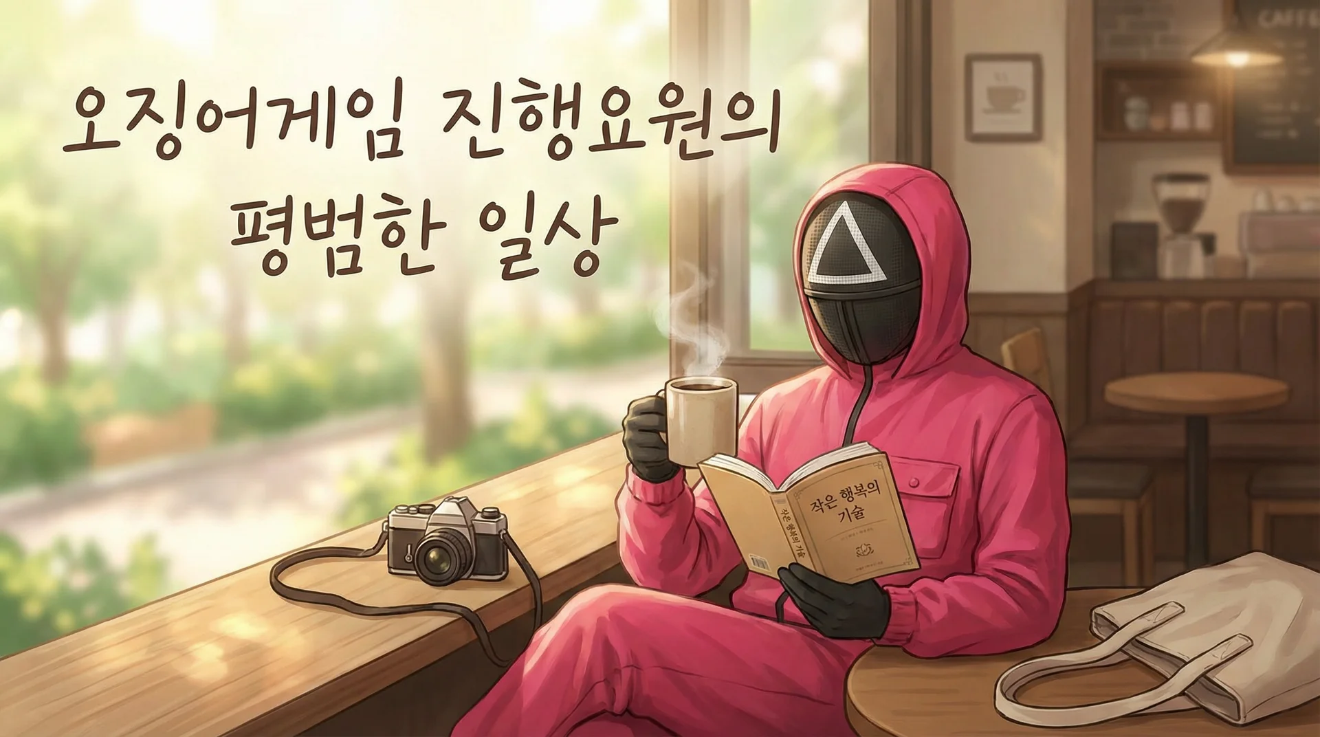 캐럿에서 나노바나나 프로를 활용한 유튜브 썸네일 제작 예시. '오징어 게임 진행요원의 평범한 일상'을 주제로 한 유튜브 썸네일.