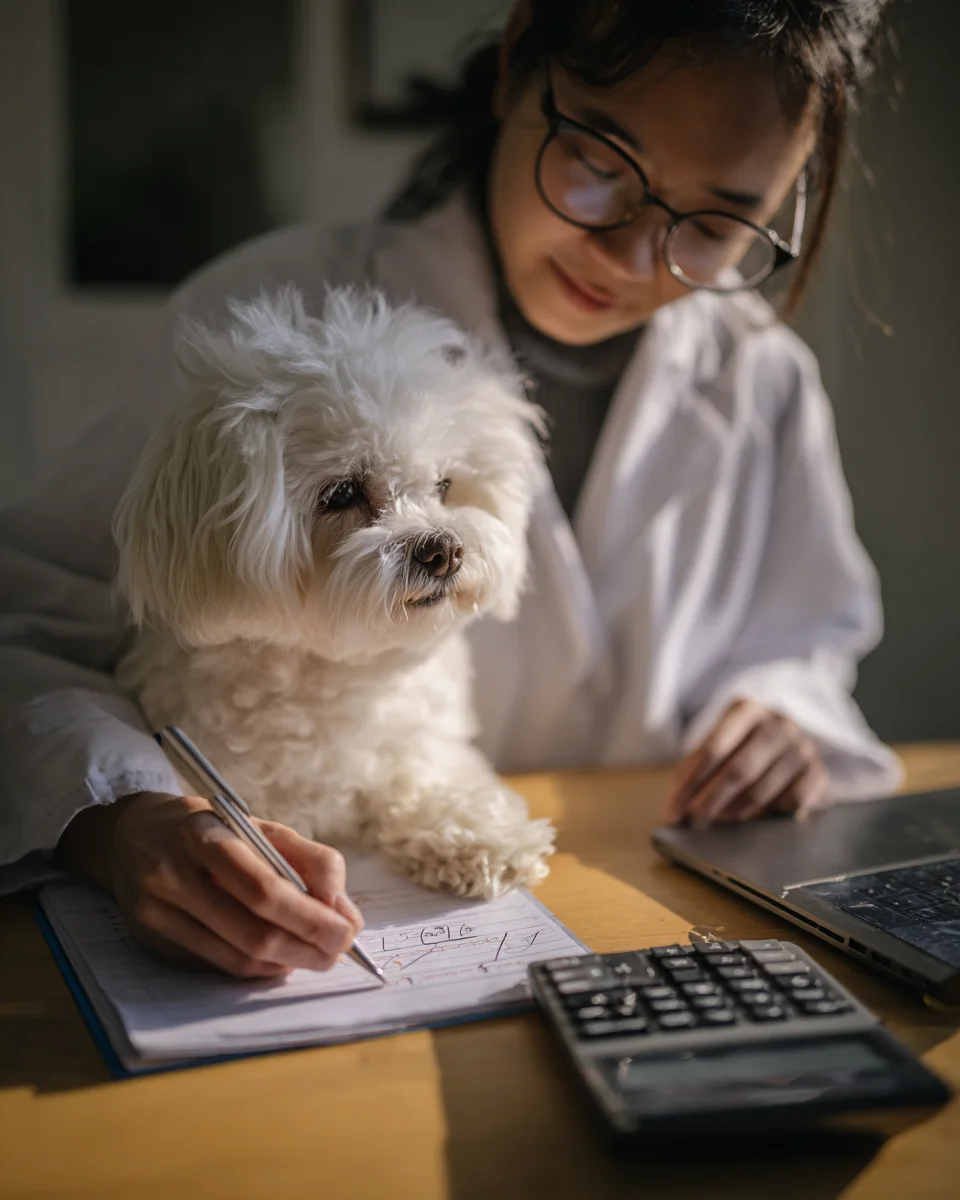 수의사가 반려견의 체중에 맞는 오메가3 EPA DHA 권장량을 NRC 공식으로 계산하는 전문적인 상담 장면