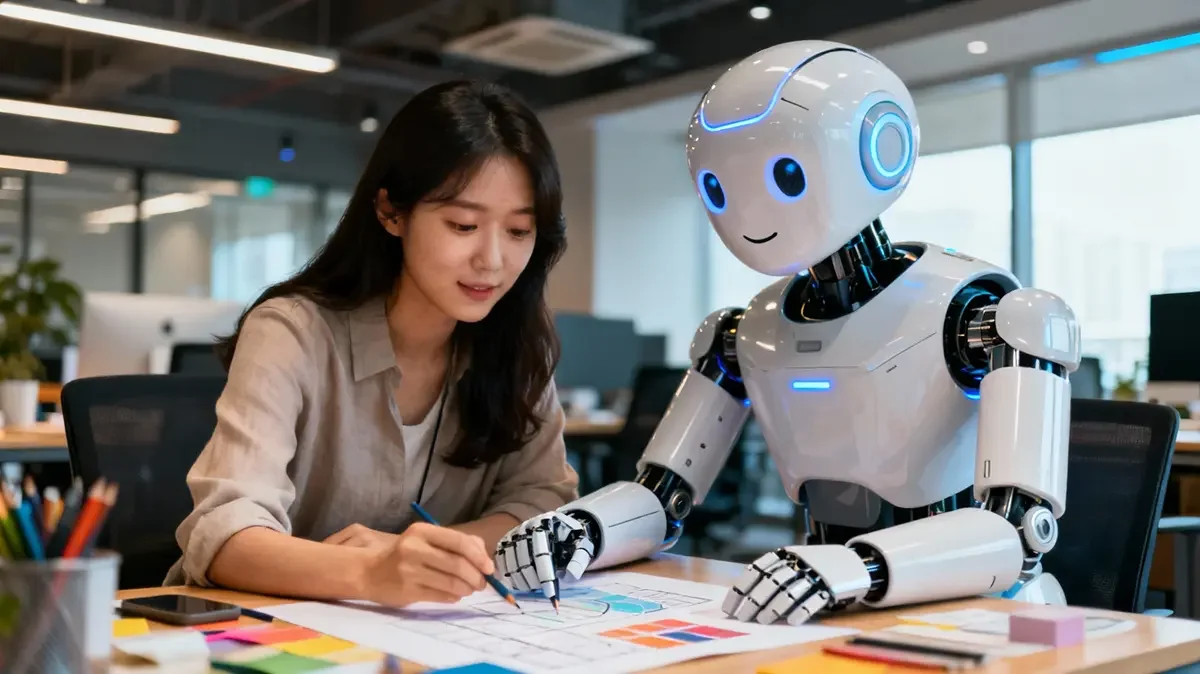 사무실에서 로봇과 함께 디자인 작업을 하는 여성, AI 기술과 협업하는 디자이너 이미지