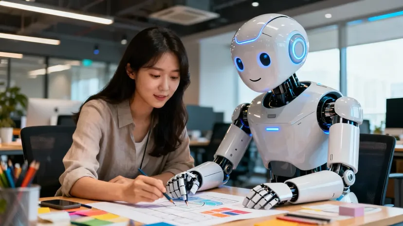 사무실에서 로봇과 함께 디자인 작업을 하는 여성, AI 기술과 협업하는 디자이너 이미지