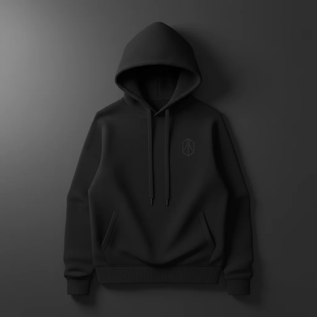 검은 배경에 떠 있는 검은색 후드티 플랫 레이 목업, 미니멀한 제품 사진 스타일