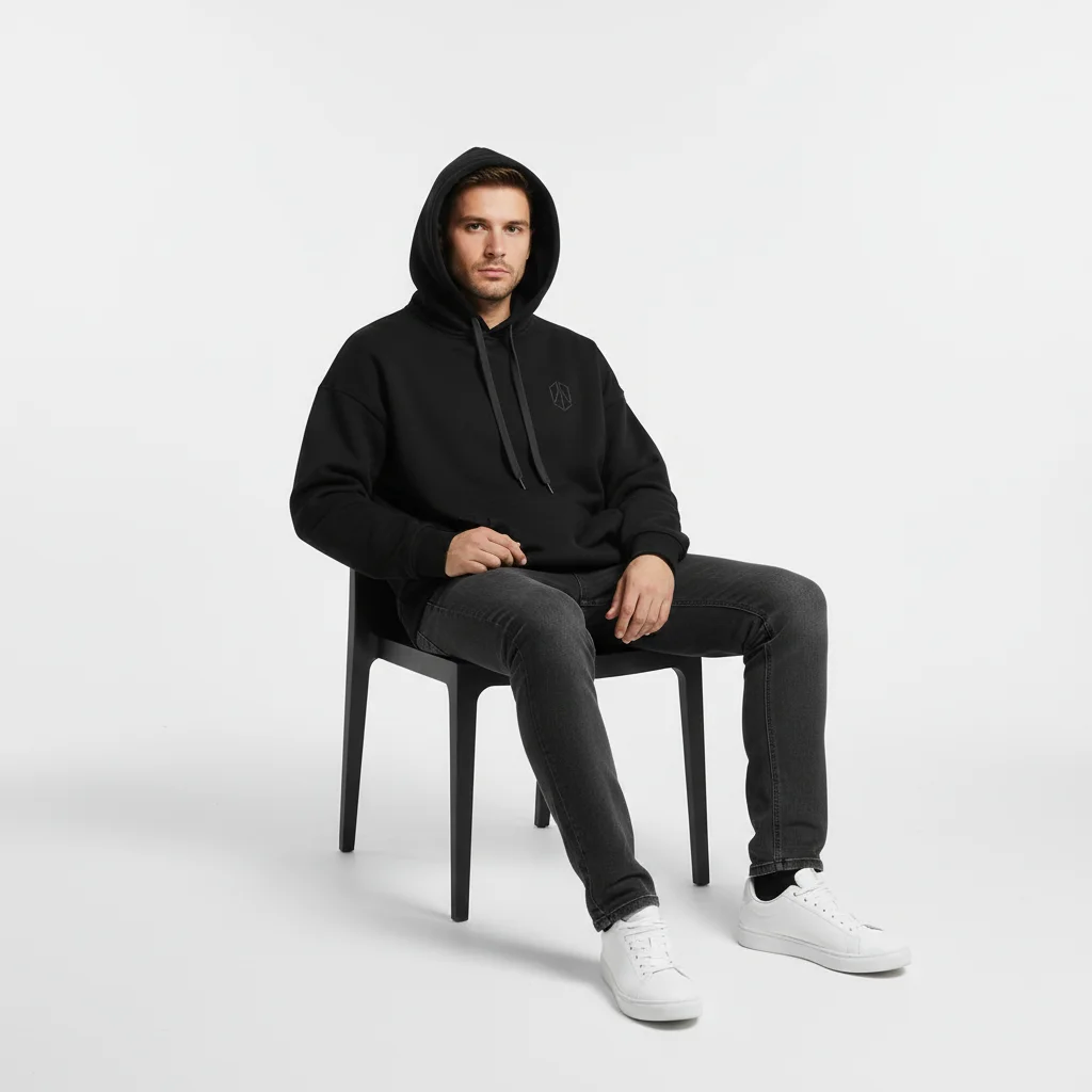 검은색 후드티를 입고 검은 의자에 앉아 있는 남성 모델, 회색 스튜디오 배경의 전문적인 제품 목업 사진