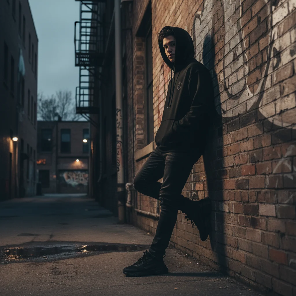 석양 빛 아래 벽돌 건물 골목에 기대어 서 있는 검은 후드티 착용 남성, 어반 스트리트 스타일 목업 이미지