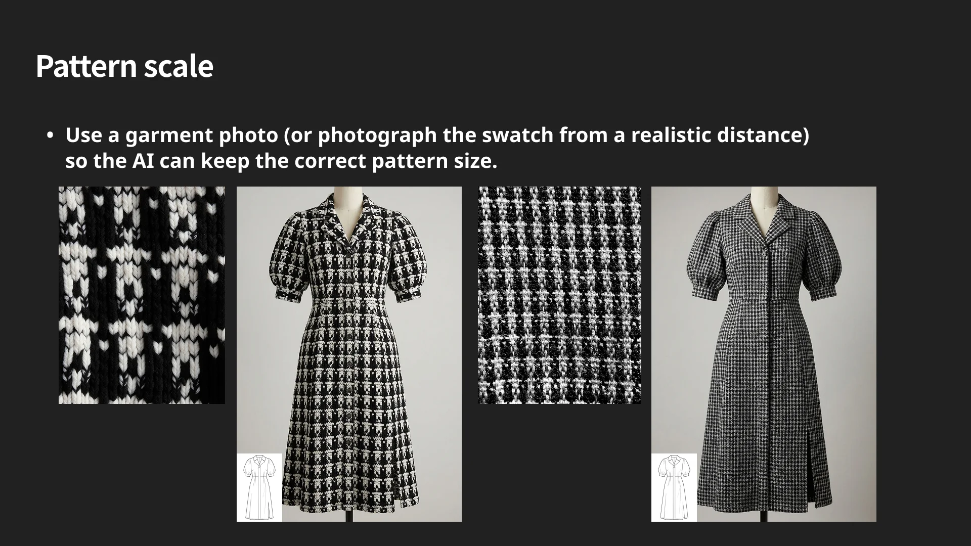 Comparison of correct and incorrect fabric pattern scale: garment photos vs close-up swatches. Showing how using a garment photo or photographing a swatch from a realistic distance helps AI maintain accurate pattern size, while macro swatch images cause scale distortion.