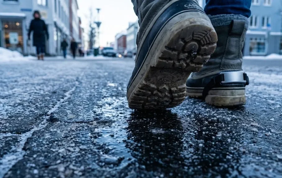 안전사고 예방 위해 염화칼슘 제설제 뿌린 도로와 보행자