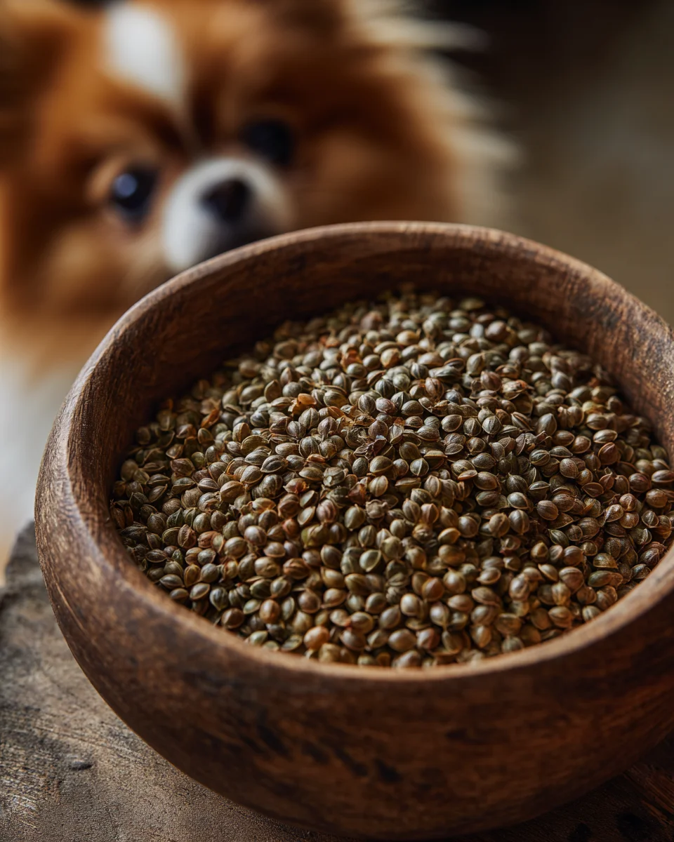 강아지에게 유익한 오메가3 지방산이 풍부한 햄프씨드를 나무 그릇에 담아 촬영한 영양 보충 식품 사진