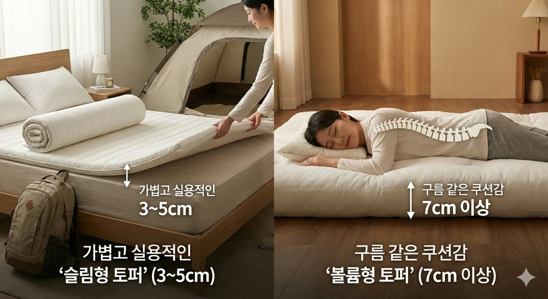 얇은 3~5cm 슬림형 토퍼와 두꺼운 7cm 이상 볼륨형 토퍼를 비교하는 인포그래픽 이미지입니다. 왼쪽은 가볍고 실용적인 슬림형 토퍼를 침대에 펼치는 모습으로, 캠핑 텐트와 배낭을 함께 배치하여 이동 및 보관의 편리함을 강조합니다. 오른쪽은 구름 같은 쿠션감을 제공하는 볼륨형 토퍼를 바닥에 깔고 편안하게 옆으로 누워 자는 사람의 모습과 함께, 척추가 올바르게 정렬된 그래픽을 보여주며 뛰어난 지지력과 안락함을 나타냅니다.