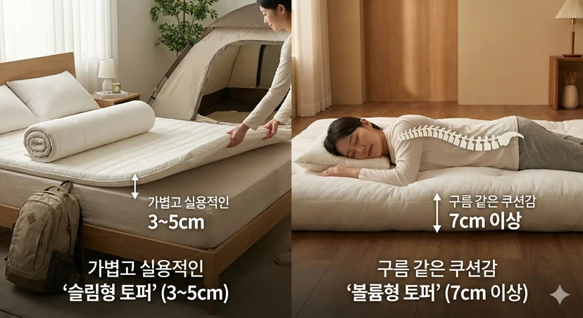 얇은 3~5cm 슬림형 토퍼와 두꺼운 7cm 이상 볼륨형 토퍼를 비교하는 인포그래픽 이미지입니다. 왼쪽은 가볍고 실용적인 슬림형 토퍼를 침대에 펼치는 모습으로, 캠핑 텐트와 배낭을 함께 배치하여 이동 및 보관의 편리함을 강조합니다. 오른쪽은 구름 같은 쿠션감을 제공하는 볼륨형 토퍼를 바닥에 깔고 편안하게 옆으로 누워 자는 사람의 모습과 함께, 척추가 올바르게 정렬된 그래픽을 보여주며 뛰어난 지지력과 안락함을 나타냅니다.