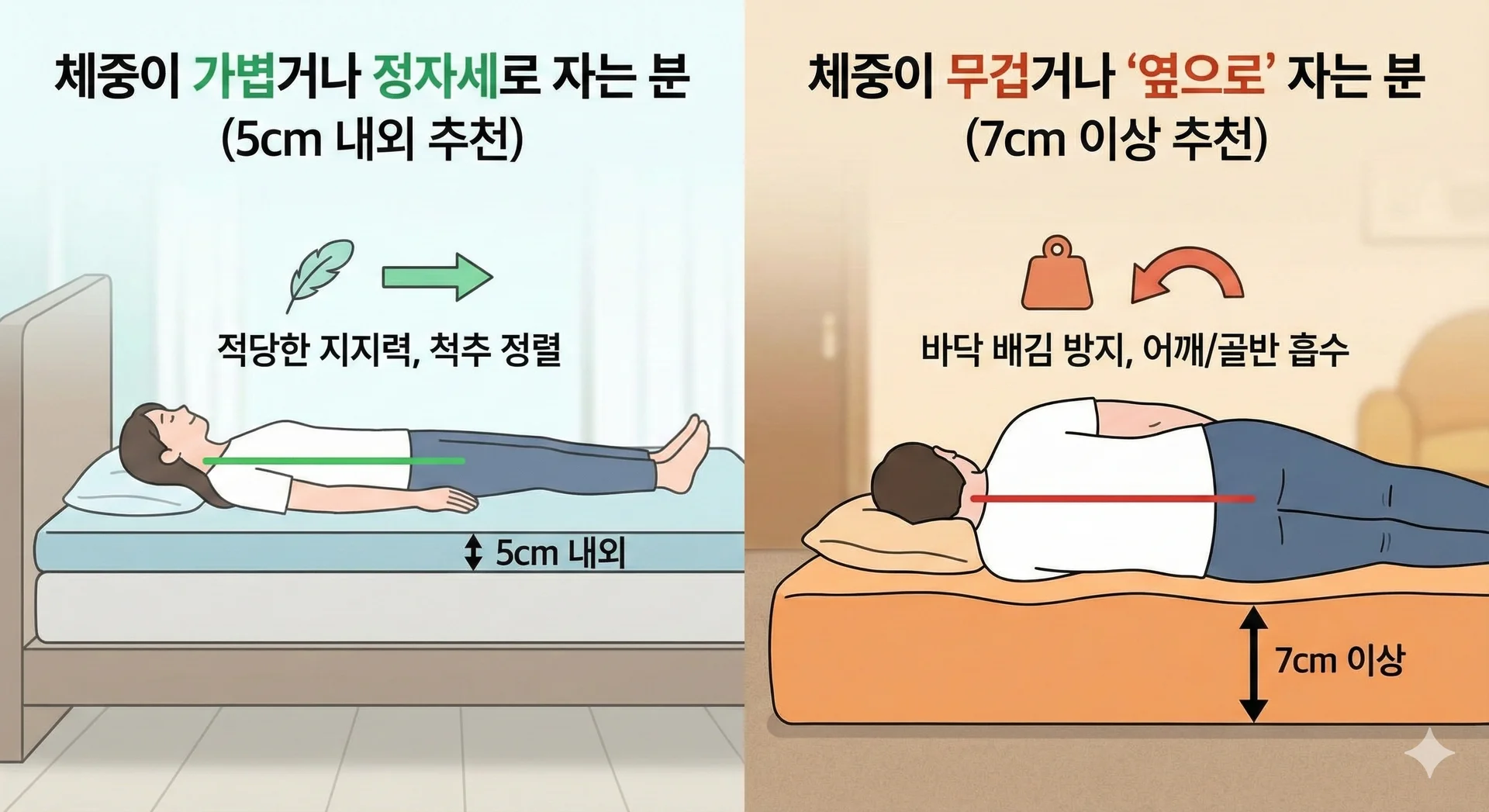 image_4.png 대체 텍스트: 체형과 수면 자세에 따른 매트리스 토퍼 두께 추천 인포그래픽입니다. 왼쪽은 체중이 가볍거나 정자세로 자는 사람에게 5cm 내외의 얇은 토퍼를 추천하며 적당한 지지력과 척추 정렬 효과를 깃털 아이콘과 함께 보여줍니다. 오른쪽은 체중이 무겁거나 옆으로 자는 사람에게 7cm 이상의 두꺼운 토퍼를 추천하며 바닥 배김 방지와 어깨 및 골반의 압력 흡수 효과를 무게추 아이콘과 함께 나타냅니다.  image_5.png 대체 텍스트: 3~5cm 두께의 슬림형 토퍼와 7cm 이상 두께의 볼륨형 토퍼의 특징과 사용 상황을 비교하는 이미지입니다. 왼쪽은 침대 위에 가볍고 실용적인 슬림형 토퍼를 펼치는 모습으로, 캠핑 텐트와 배낭을 함께 배치하여 이동 및 보관의 편리함을 강조합니다. 오른쪽은 바닥에 깔린 구름 같은 쿠션감의 볼륨형 토퍼 위에서 편안하게 옆으로 누워 자는 모습으로, 척추가 올바르게 정렬된 그래픽을 통해 뛰어난 지지력과 안락함을 보여줍니다.