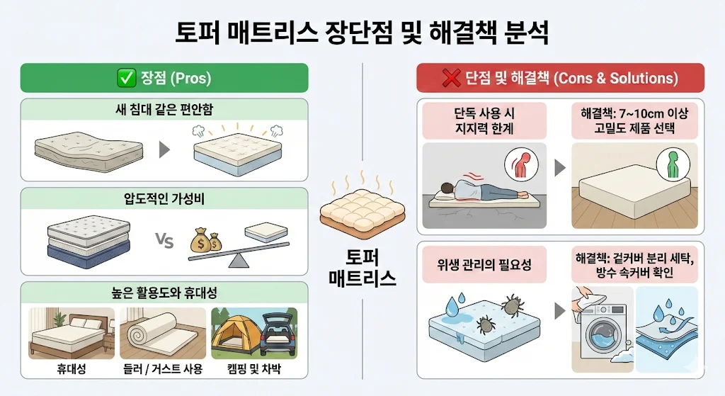 토퍼 매트리스 장단점 및 해결책 분석 인포그래픽: 꺼진 침대 보완과 가성비, 차박 활용 장점과 바닥 토퍼 허리 배김 해결을 위한 7cm 이상 고밀도 제품 선택 가이드