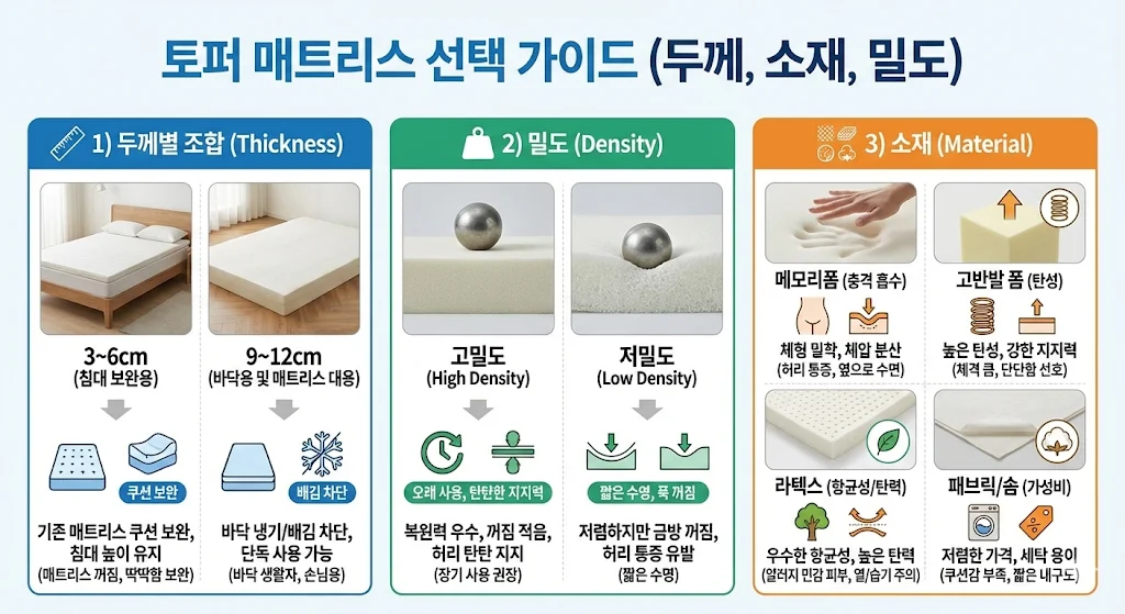 토퍼 매트리스 선택 가이드 인포그래픽. 사용 목적에 따른 두께(침대 보완용 3~6cm, 바닥용 9~12cm) 추천과 내구성을 위한 고밀도 여부 확인 필요성, 그리고 메모리폼, 고반발 폼, 라텍스 등 주요 소재별 특징과 장단점을 비교 분석한 이미지입니다