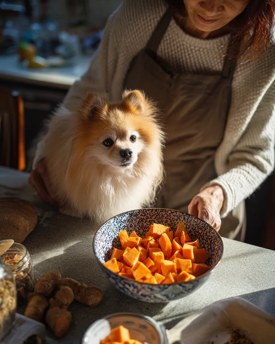 비타민과 베타카로틴이 풍부한 고구마를 소형견에게 급여하기 위해 준비하는 반려인의 건강한 식사 준비 과정