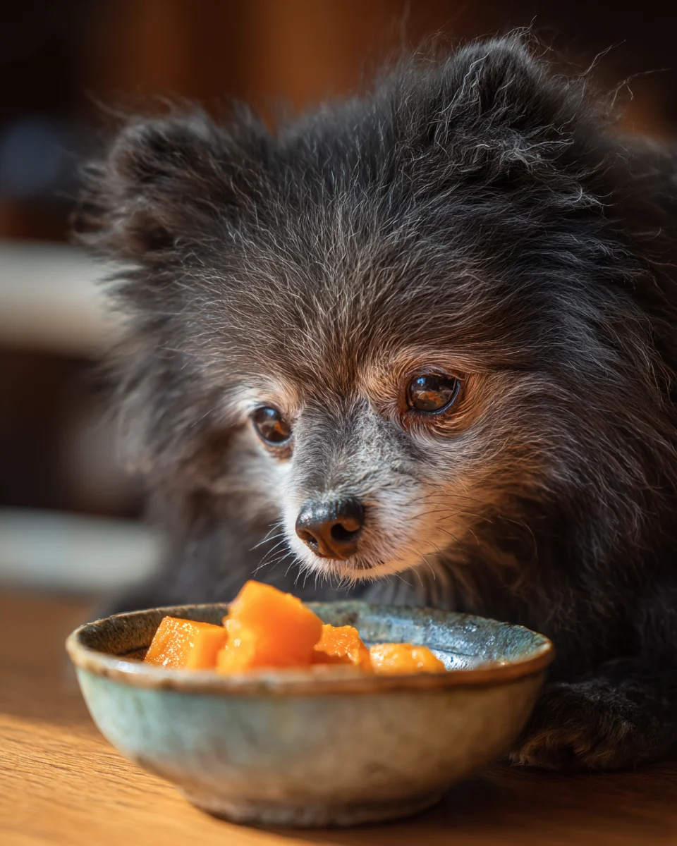 소화가 잘 되고 비타민이 풍부한 단호박을 섭취하는 노령 소형견과 정성스럽게 돌보는 반려인의 시니어 케어 일상