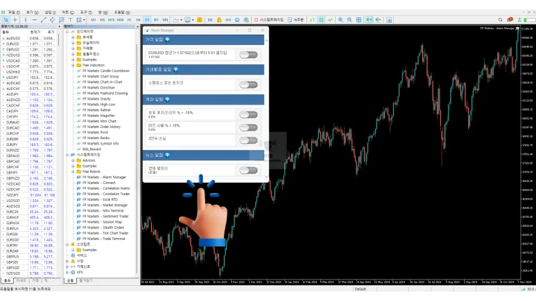 MetaTrader5(MT5)에서 경고 관리자(Alarm Manager) 기능으로 가격 알림과 계좌 이벤트를 설정하는 화면
