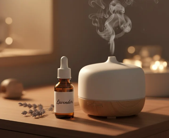 불면증 선물로 추천하는 아로마 오일과 디퓨저가 침대 옆 탁자 위에 위치한 모습