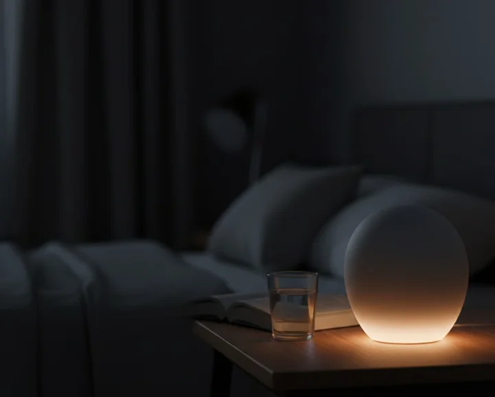 불면증 선물로 추천하는 백색 소음기 무드등이 어두운 방 안에서 빛나고 있는 이미지