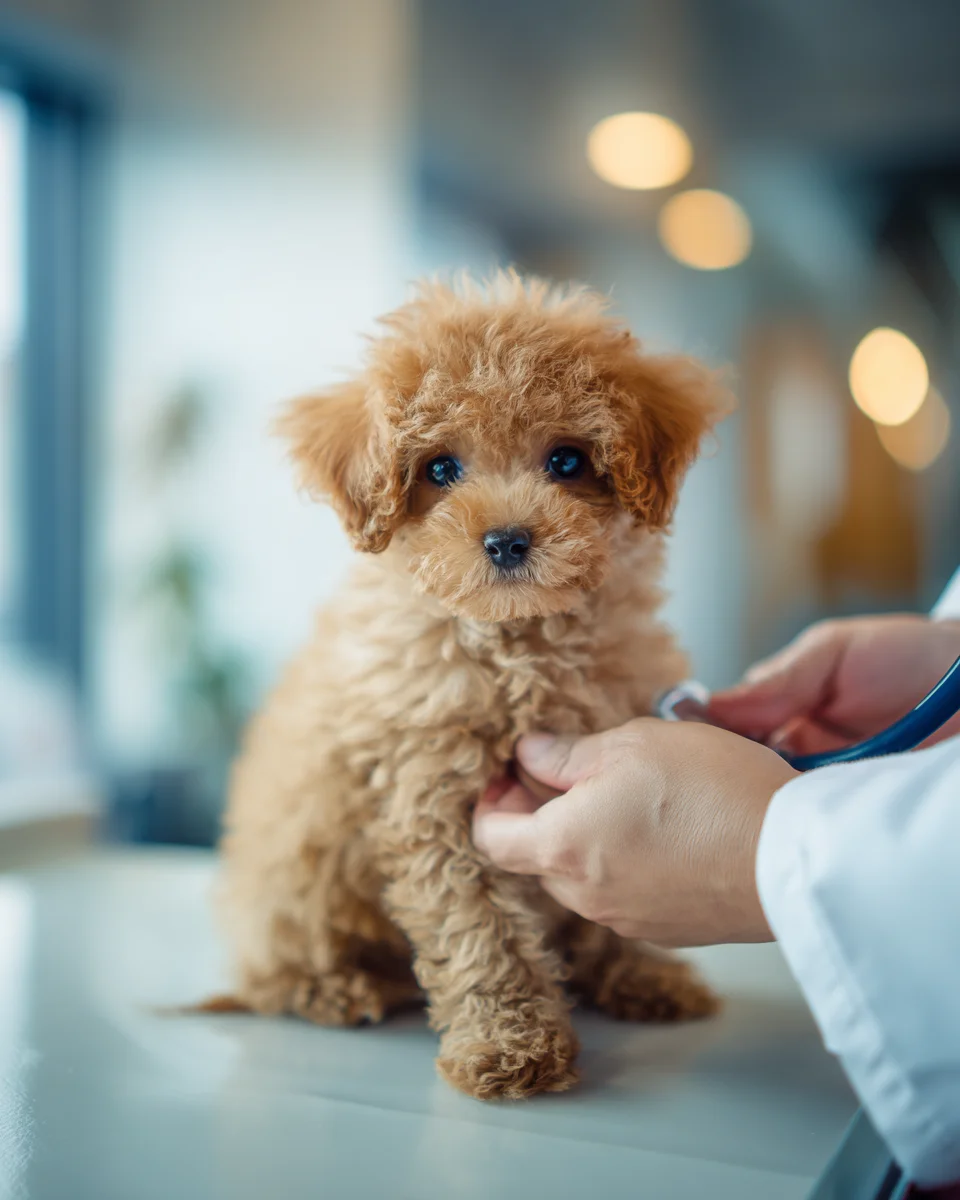 칼슘 부족으로 인한 병리적 골절 위험이 있는 성장기 강아지를 조심스럽게 검사하는 수의학 진료