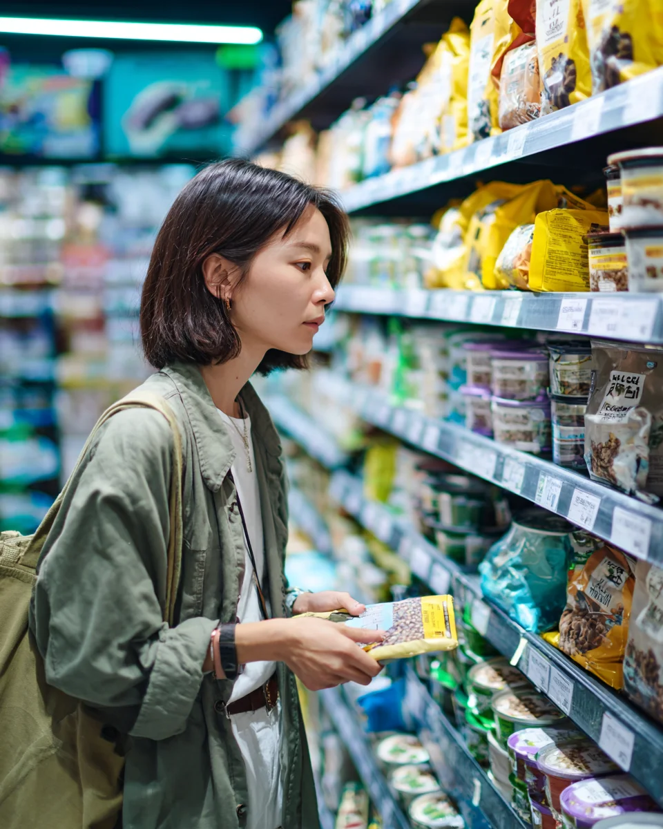 시중 수제 화식 제품의 칼슘과 인 비율 불균형 문제를 확인하기 위해 영양 성분표를 꼼꼼히 확인하는 반려인
