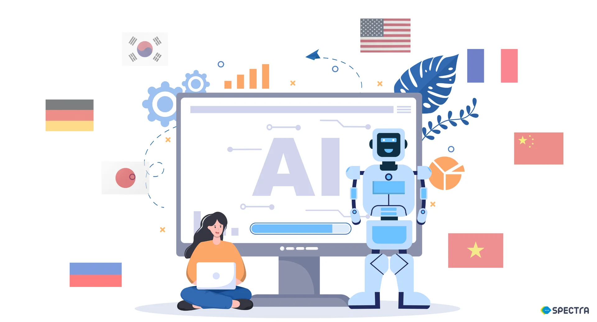 한국인 상담사와 외국인 고객이 채팅으로 소통하며, 중앙에 다양한 국가의 국기와 AI 번역을 상징하는 그래픽이 놓인 다국어 상담 이미지