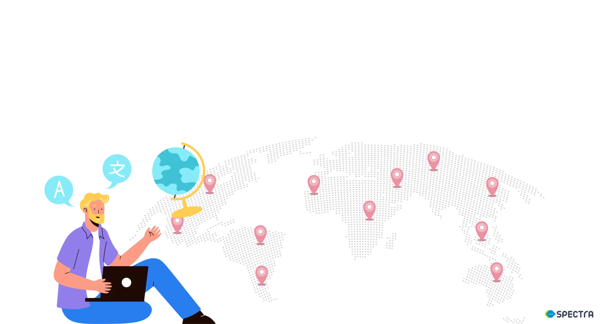 여러 국가의 도시가 지도 위에 마커로 강조되고, 영어와 한자 말풍선을 가진 외국인 캐릭터가 등장해 글로벌 고객 소통을 나타내는 이미지.