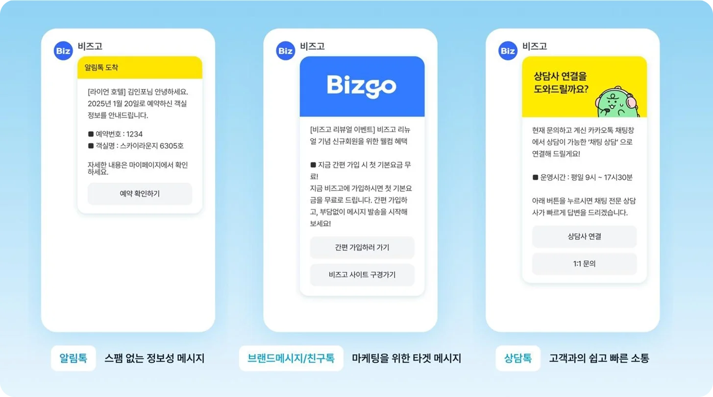 비즈고가 제공하는 메시징 서비스 중 카카오 알림톡, 브랜드 메시지, 상담톡 예시