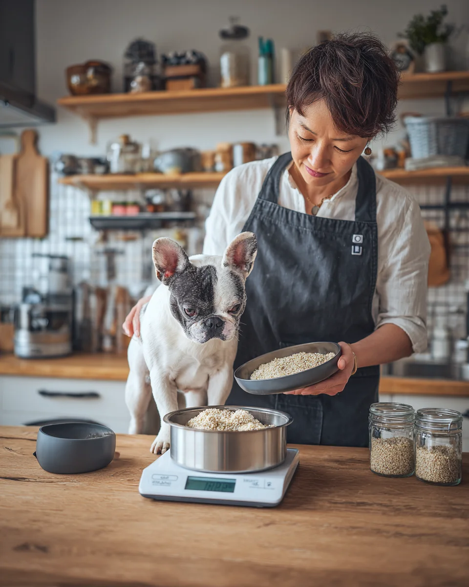 당뇨병 예방과 체중 관리가 필요한 프렌치 불독 소형견을 위해 낮은 혈당지수의 퀴노아 식단을 계량하는 영양 전문가