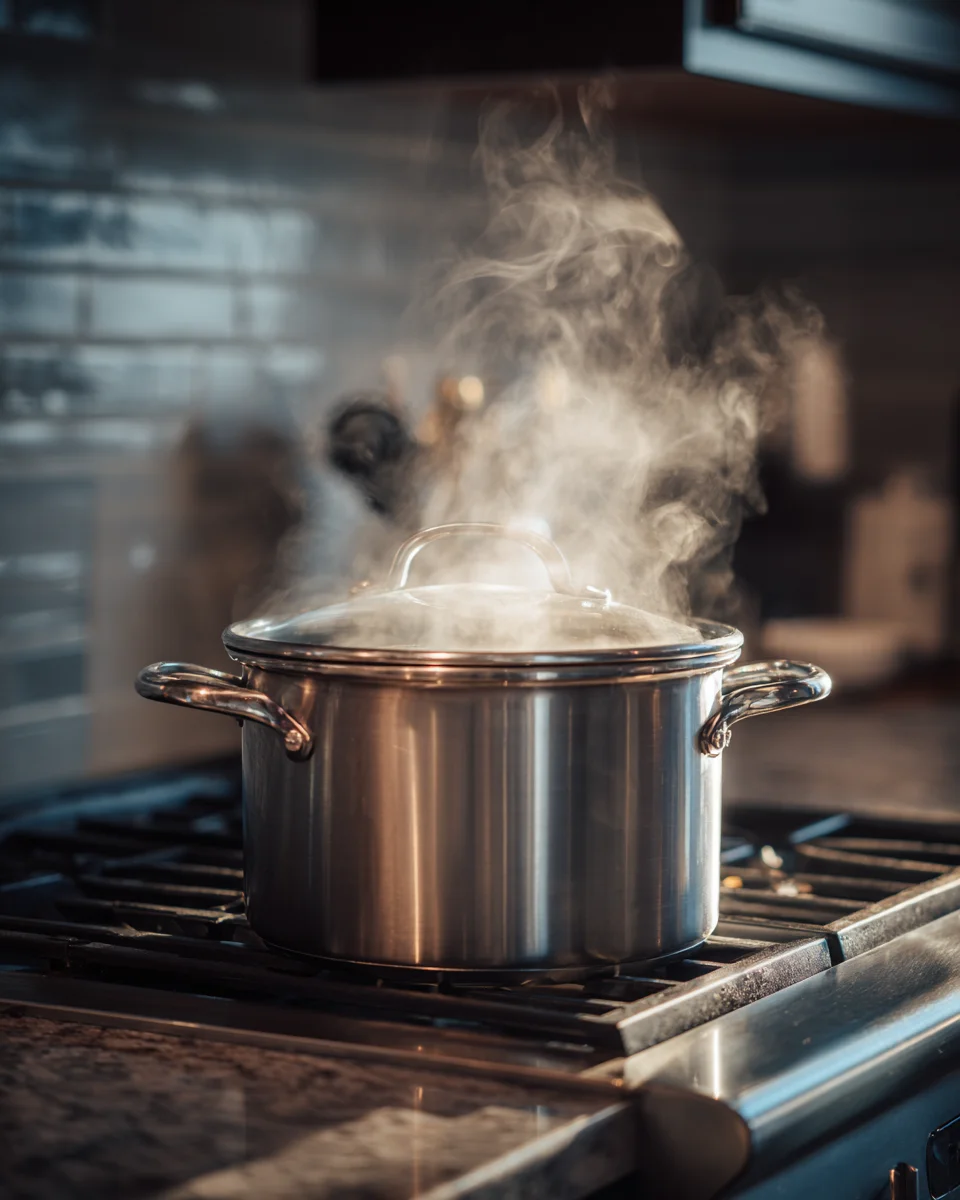 강아지용 퀴노아를 안전하게 조리하기 위한 1:2 물 비율 설정과 센 불에서 끓이는 초기 조리 단계