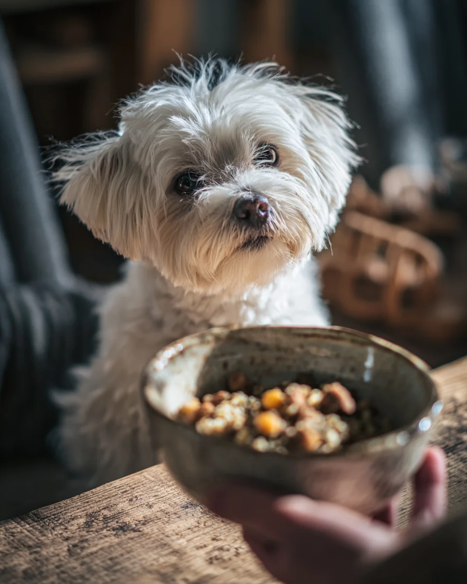 완전 단백질과 필수 영양소가 풍부한 퀴노아 함유 테이스트오브네이처 화식을 기대하는 말티즈 소형견의 식사 시간