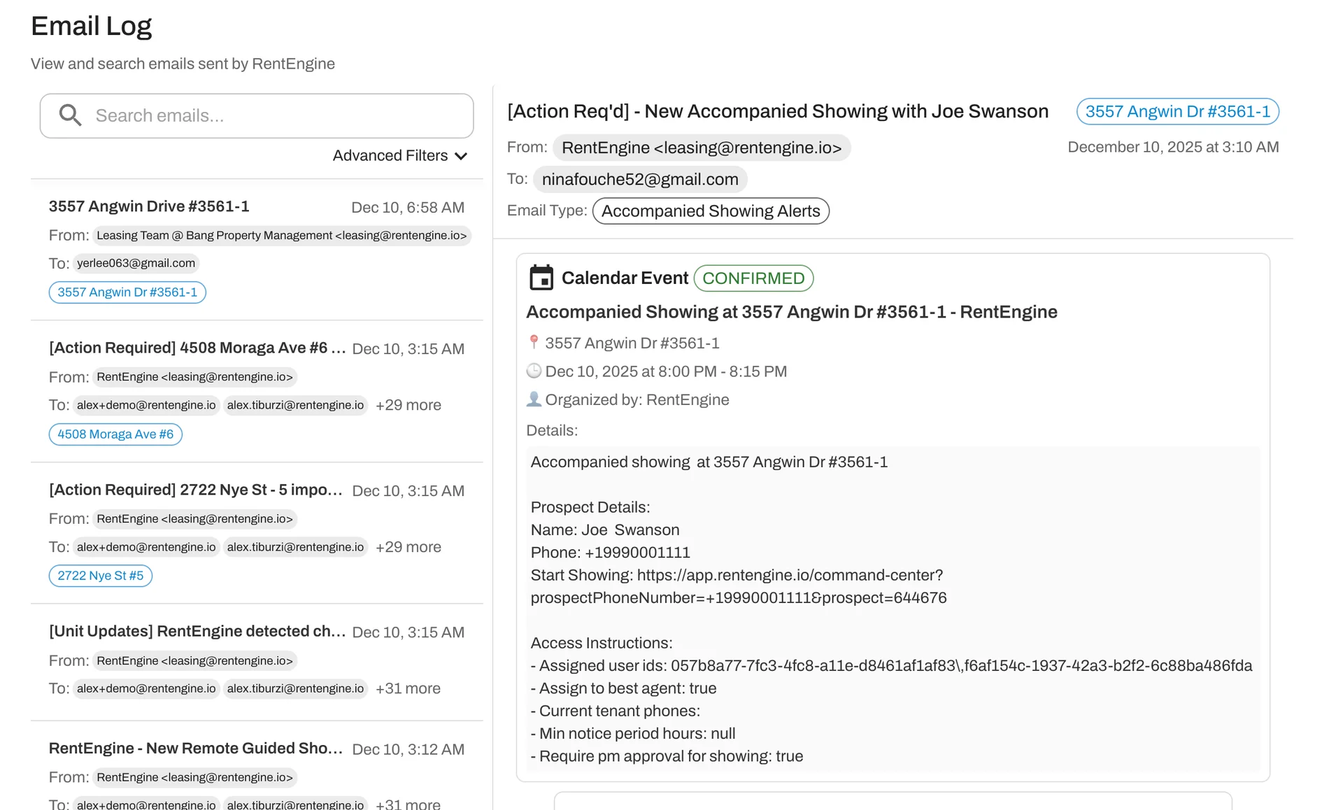 The email log functions like a dedicated inbox for all RentEngine communications