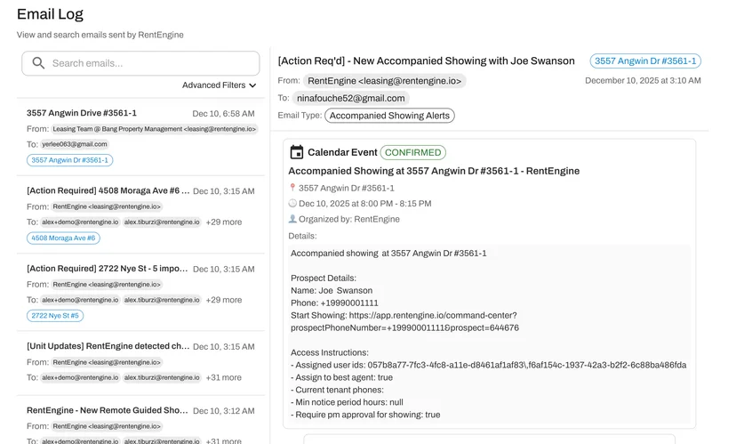 The email log functions like a dedicated inbox for all RentEngine communications