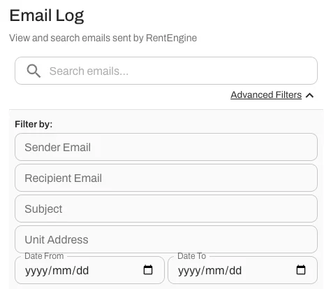 The log includes a search bar and advanced filtering options