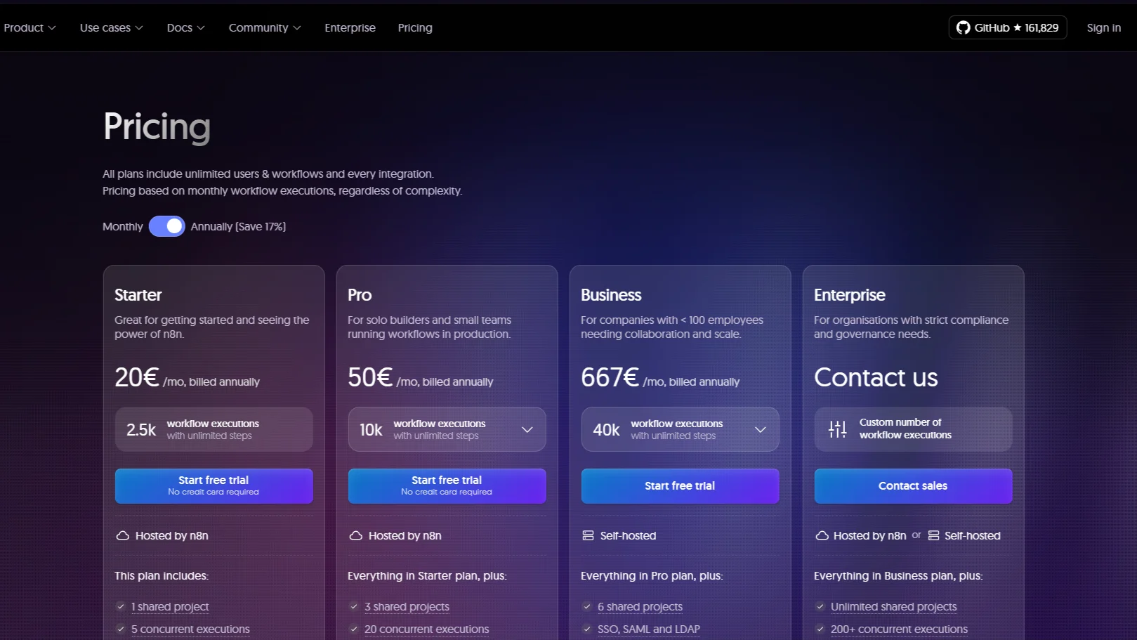 n8n 공식 홈페이지 플랜별 가격표