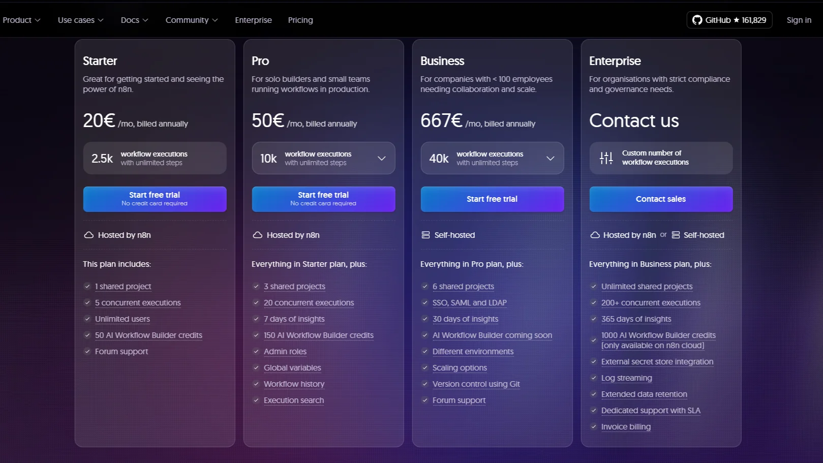 n8n 플랜별 가격비교