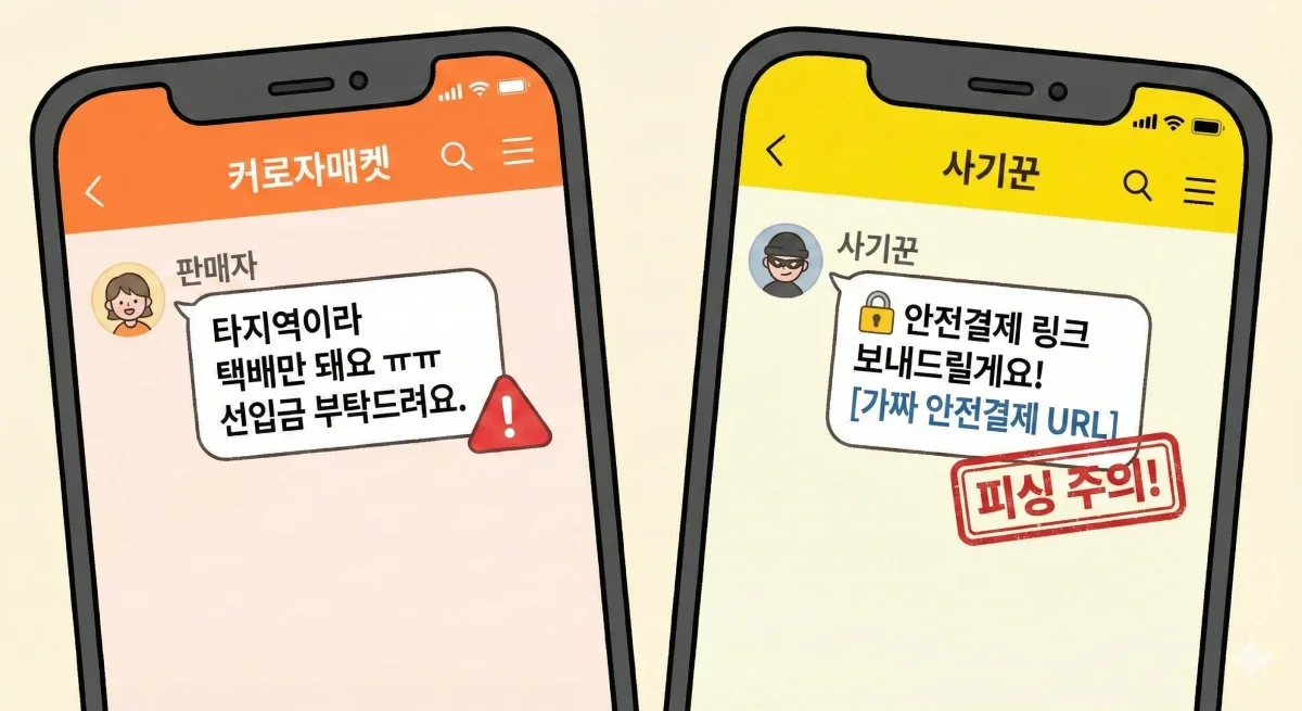 당근마켓 타지역 선입금 사기 문자 번개장터 안전결제 피싱 예시