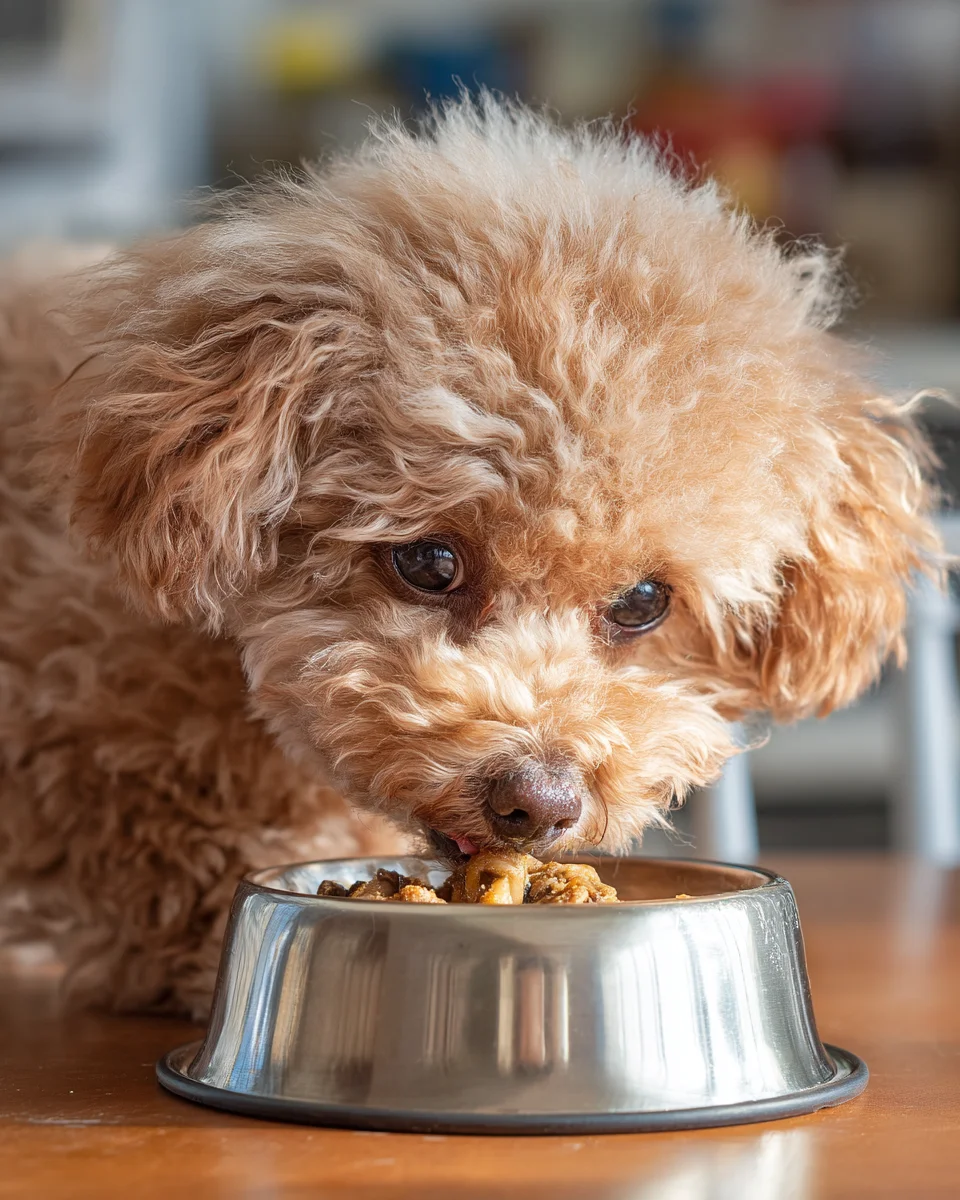 사료에 적절히 섞인 조리된 표고버섯을 맛있게 먹는 소형견의 건강한 식사 시간