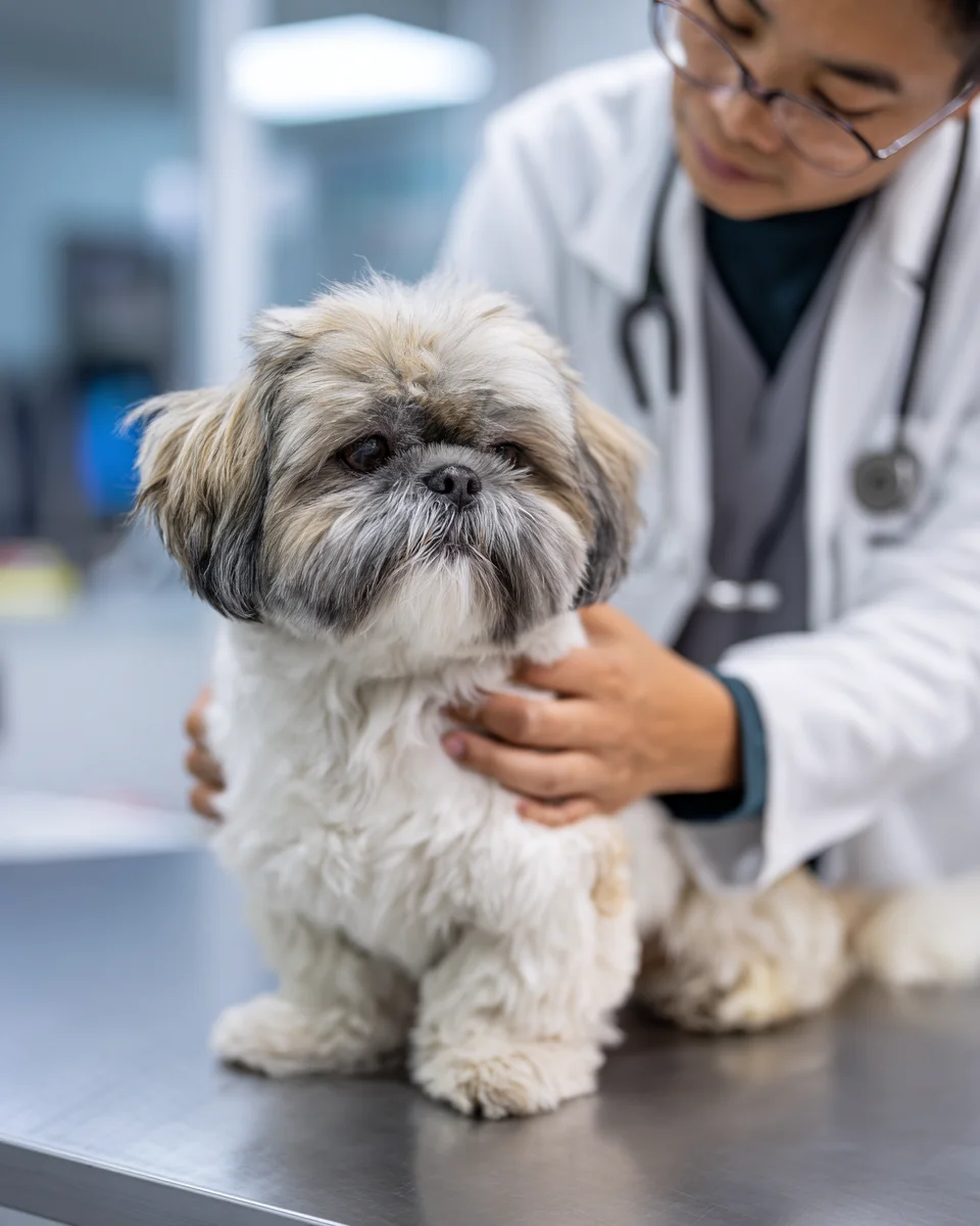 표고버섯 급여 전 특정 질환이나 약물 복용 중인 강아지를 위해 수의사와 상담하는 보호자의 책임감 있는 모습