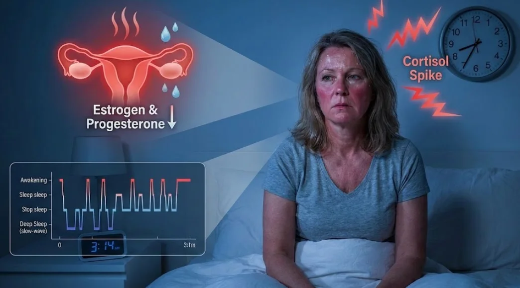 갱년기 불면증을 겪고 있는 여자가 새벽에 일어나 침대에 앉아 있는 모습의 이미지