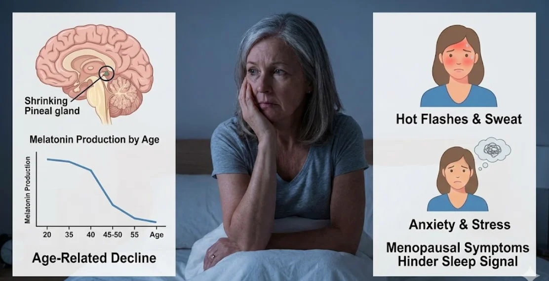 갱년기 여성이 불면증으로 새벽에 깨서 일어나 있는 모습 위로 멜라토닌의 감소 데이터 도표가 표기되어 있는 이미지