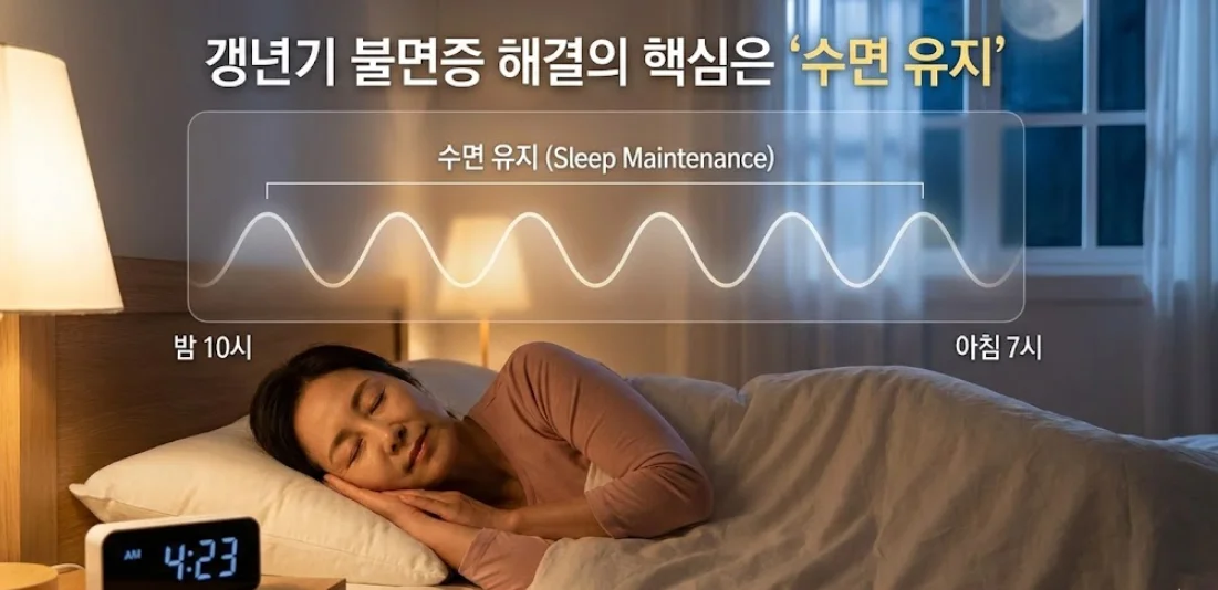 갱년기 불면증을 겪고 있는 여성이 새벽 시간에 누워서 질 좋은 수면을 취하고 있는 모습의 이미지