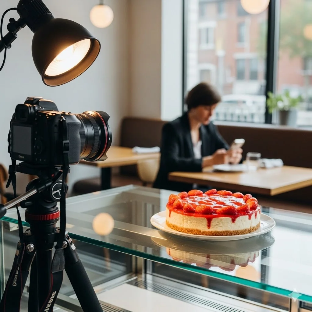 쇼케이스 위에 놓인 딸기 생크림 케이크를 카메라와 조명 장비로 촬영 중인 스튜디오 또는 카페 내부 모습