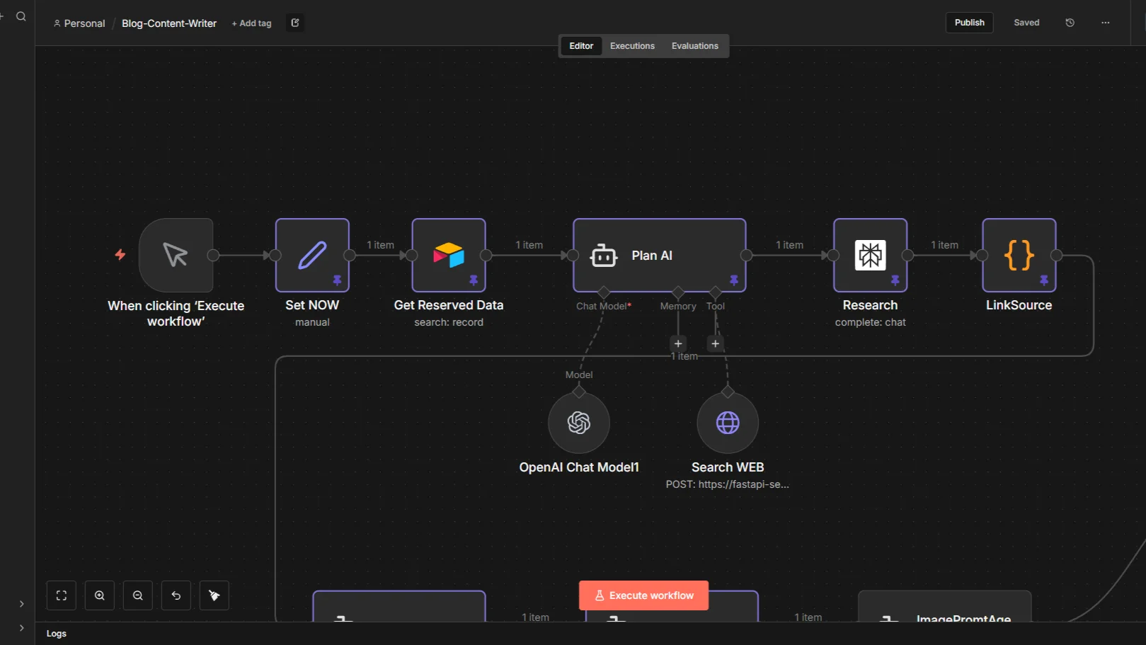 n8n 워크플로우 핀으로 고정한 모습