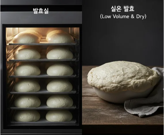 업소용 발효실 내부의 완벽하게 부푼 반죽과 건조하고 볼륨이 낮은 실온 발효 반죽의 비교 사진