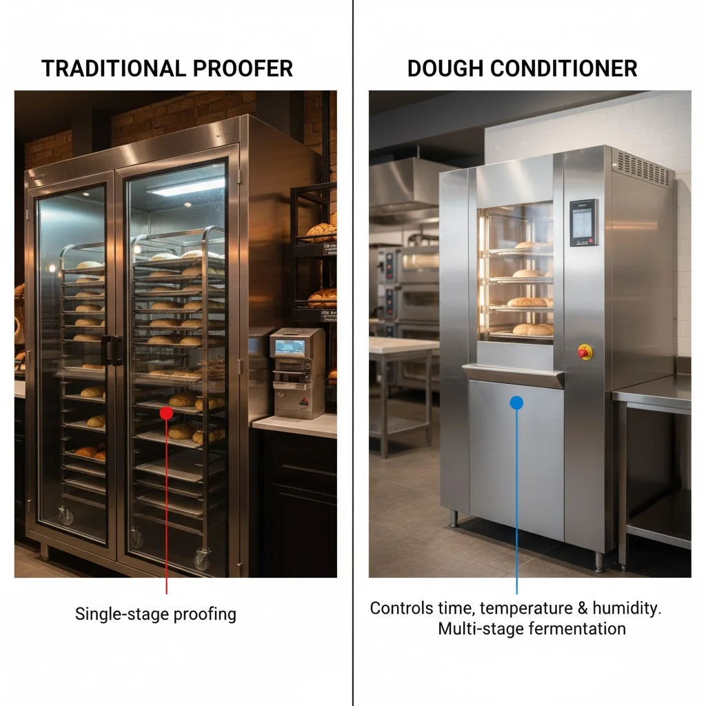 단순한 온도 조절 장치가 달린 일반 발효실과 냉동부터 발효까지 자동 예약이 가능한 도우 컨디셔너의 외관 및 컨트롤 패널 비교 이미지