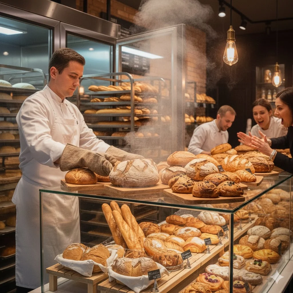 갓 구운 신선한 빵을 베이커리 쇼케이스에 정성스럽게 진열하는 전문 셰프와 환호하는 직원들의 모습