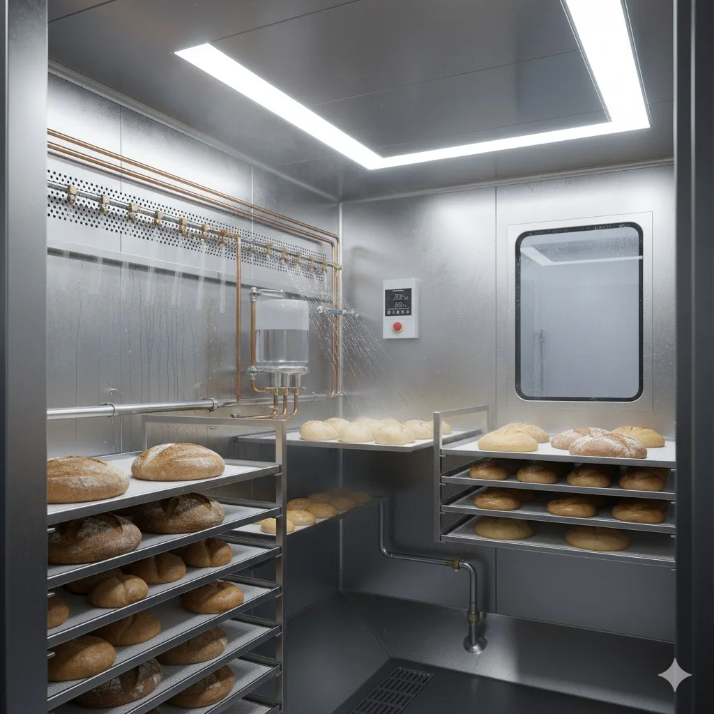 "발효실의 내구성을 결정하는 SUS304 스테인리스 내부 재질과 습도 조절을 위한 자동 급수 노즐 및 배관 시스템의 상세 이미지"