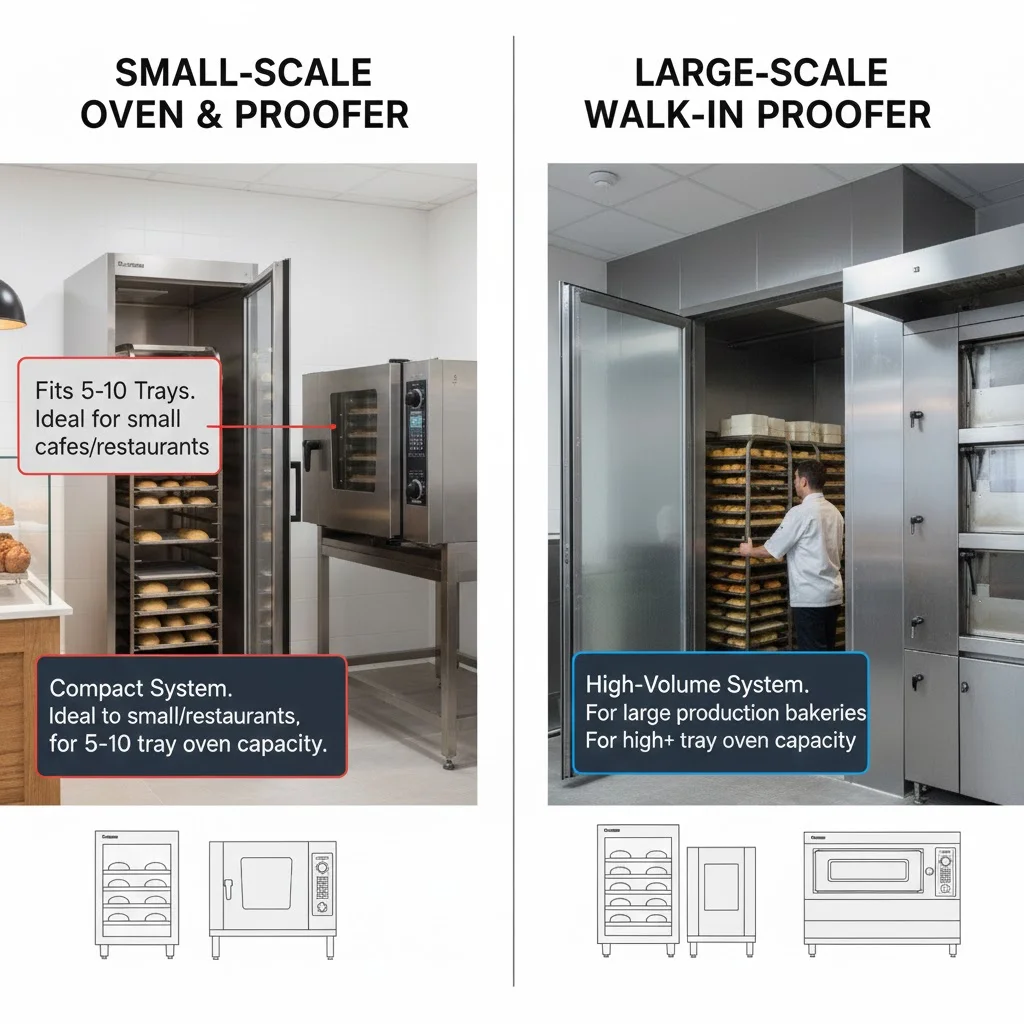 소규모 카페용 5~10단 발효실 시스템과 대형 베이커리용 워크인 발효실의 크기 및 용량 비교 인포그래픽