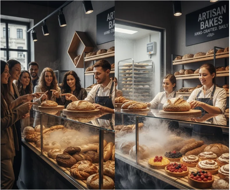 전문적인 업소용 발효실 내부에서 온도와 습도가 완벽하게 제어되어 매끄럽게 부풀어 오른 빵 반죽과 실온에서 발효되어 표면이 거칠고 볼륨이 낮은 반죽의 비교 사진