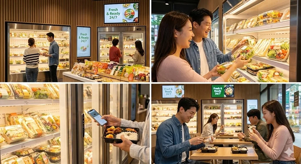 "직원이 없어도 제품이 갓 조리된 듯 신선해 보이는 따뜻한 색온도의 조명이 켜진 스마트 쇼케이스 전경과, 그 앞에서 즐겁게 음식을 골라 결제하려는 고객들의 생동감 넘치는 뒷모습"