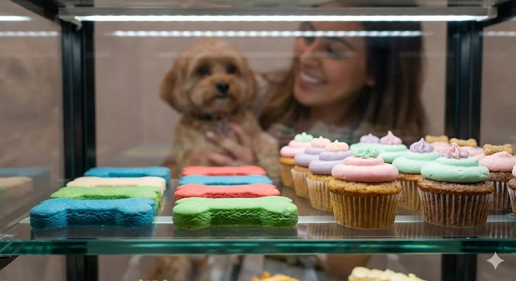 쇼케이스 내부의 특수 조명이 알록달록한 강아지용 베이커리 간식의 색감을 얼마나 생생하게 살려주는지 보여주는 감각적인 사진