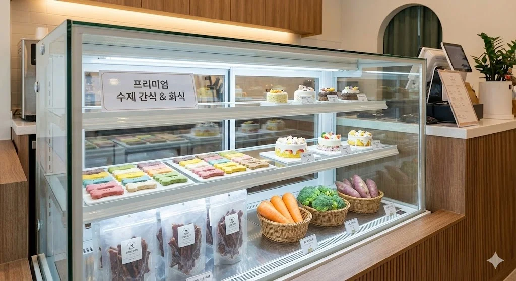 프리미엄 간식과 화식이 다양하게 진열된 깔끔한 디자인의 펫푸드 쇼케이스